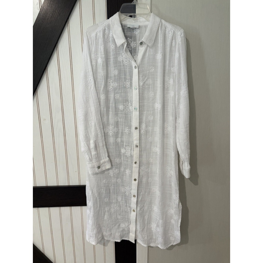 J Jill Cotton Coastal White Gauze Embroidered Textured Long Cardigan Cover Up S